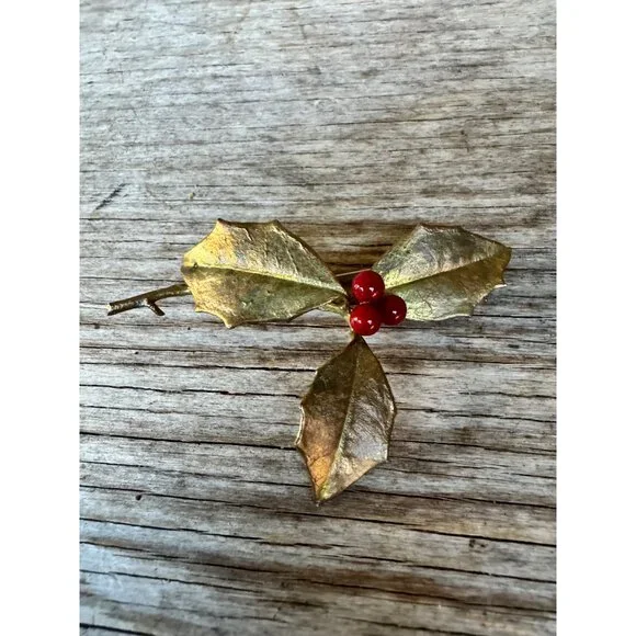 Michael Michaud Holly Leaf Sprig and Berries Brooch Pin